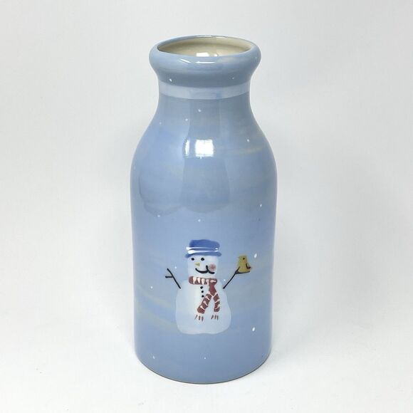 Hartstone Snow People Milk Bottle Decanter Vase Winter Christmas Snowman Blue 9” - Picture 1 of 5